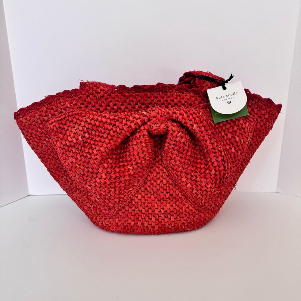 NWT ♠️ Kate Spade Target Raffia Bow Large Tote Bag Red Woven Straw Summer Purse